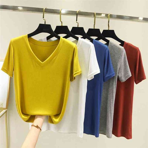 Chic Casual Algodão T Shirt Ribbed Manga Curta Mulheres Verão Básico V-Neck t Camiseta Plus Tamanho Candy Cor T-shirt T-shirt T-shirt T-shirt fêmea 210401