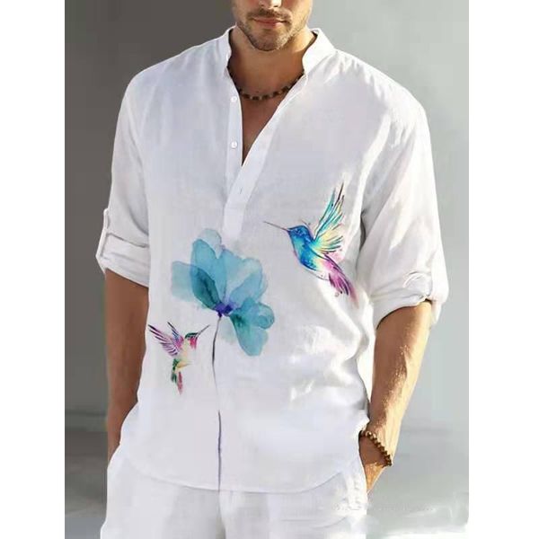 

men's casual shirts fashion spring autumn men loose linen print long sleeve button retro pullover shirt for male streetwear s-3xl, White;black