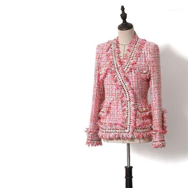 

handmade luxury blazer suits for women fashion weaving tweed v neck double breasted pearl buttons tassel blazers coat 's & women's, White;black