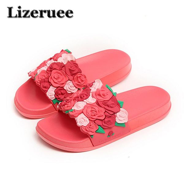 

slippers fashion women's cool 3d three-dimensional rose beach one word women thick bottom comfort non-slip me119, Black