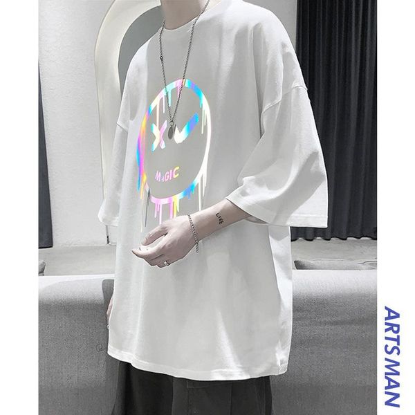 

summer men's 5-point sleeve source trend reflective short t-shirt loose middle t-shirts, White;black