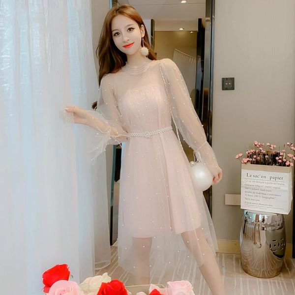 

casual dresses 2021 spring women's dress lotus leaf sleeve patchwork mesh turtleneck semi-high-end french lace pink apricot, Black;gray