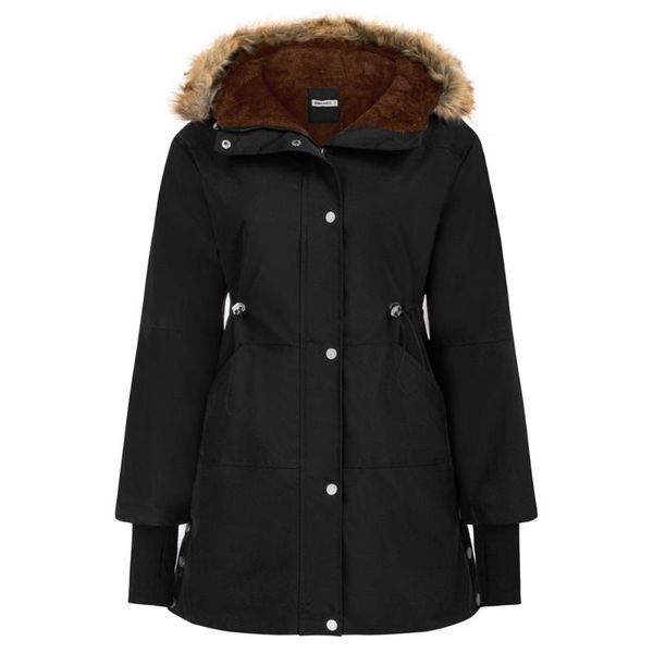 

women's jackets women fleece lined padded coat winter warm drawstring waist hooded outwear fake fur collar cotton jacket plush lining, Black;brown