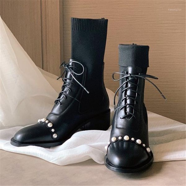 

boots pxelena celebrity pearl ankle women genuine leather knitting motorcycle fashion shoes 2021 autumn winter med heels1, Black