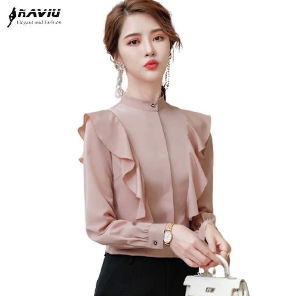 

high end shirt women long sleeve spring fashion temperament slim ruffles chiffon blouses office ladies work 210604, White