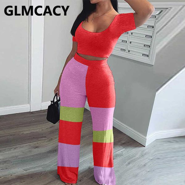 

women short sleeve crop shirt and color block loose pants set two piece chic suits 210702, White