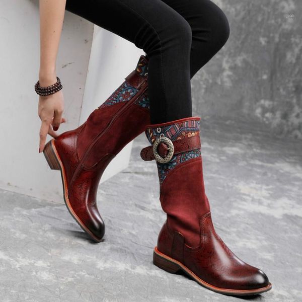 

boots winter large size woman retro mid-calf genuine leather women shoes 2021 lady patchwork round toe casual platform1, Black