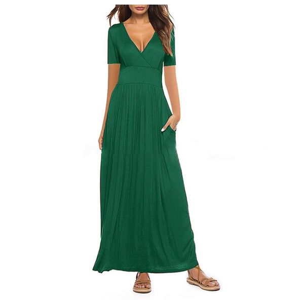 

casual dresses summer slim v neck party maxi dress elegant solid color a-line women fashion short sleeve pockets long d4, Black;gray