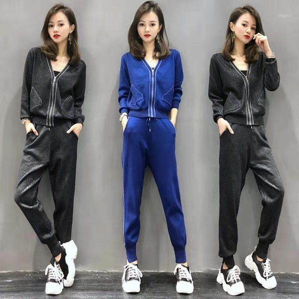 

two piece dress knit women sweatsuits sets 2021 autumn winter solid v-neck casual tracksuit long sleeve zip sweater and drawsting pants, White