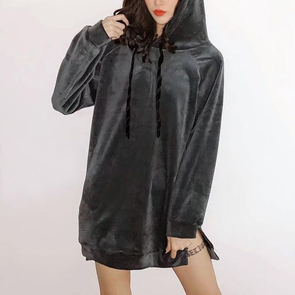 

women's hoodies & sweatshirts women velvet thick longline hoodie with split hem winter raglan sholder outerwear, Black