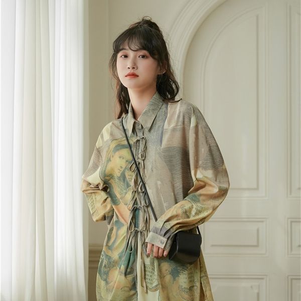 

women's two piece pants renaissance print long shirt women sleeve blouse tie vintage loose button up collar fashion designer s, White