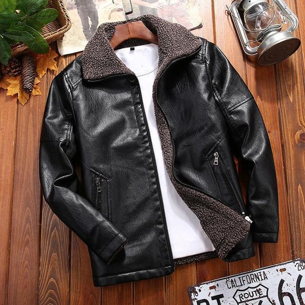 

men vintage winter coats plush fur plus velvet leather jacket 2021 mens thicken warm fashion motorcycle overcoats men's & faux, Black