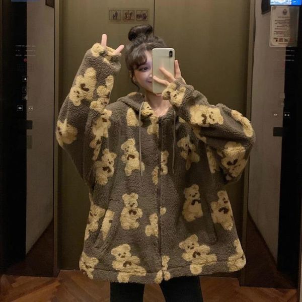 

women's hoodies & sweatshirts 90s harajuku heart-shaped print plush jacket women winter korean large size long sleeve hooded coat thick, Black