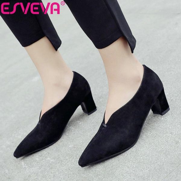

dress shoes esveva 2021 handmade women pumps slip on flock square high heels pointed toe shallow fashion size 34-43, Black