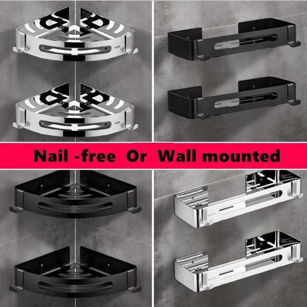 

bathroom shelves nail stainless steel shower corner shelf wall mount shampoo storage kitchen condiment rack