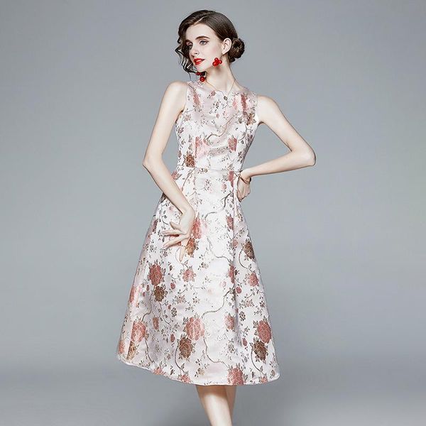

casual dresses sleeveless floral print party dress runway high waist jacquard mid-length long vintage summer elegant plus size b855, Black;gray