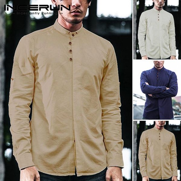 

men's casual shirts incerun literary cotton shirt retro stand collar slim fashion 2021 chinese style solid color loose, White;black