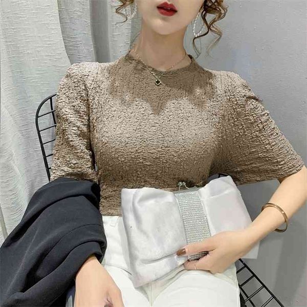 

summer cotton women's t-shirts short sleeves solid color women pleated t shirt for female woman half high collar 210507, White