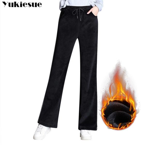 

women's pants & capris 2021 winter warm women full long wide leg velvet pants,plus size autumn fleece flare trouser black velour trouse, Black;white