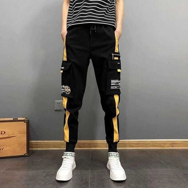 Yeni Erkekler Kurdela Siyah Cep Kargo Pantolon 2021 Moda Öğrenci Harem Joggers Harajuku Sweatpant Hip Hop Rahat Pantolon Y0927