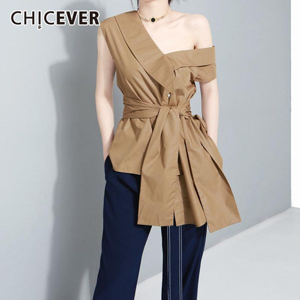 

women's t-shirt chicever solid irregular off shoulder t shirt for women sleeveless slim bandage shirts female 2021 fashion clothing, White