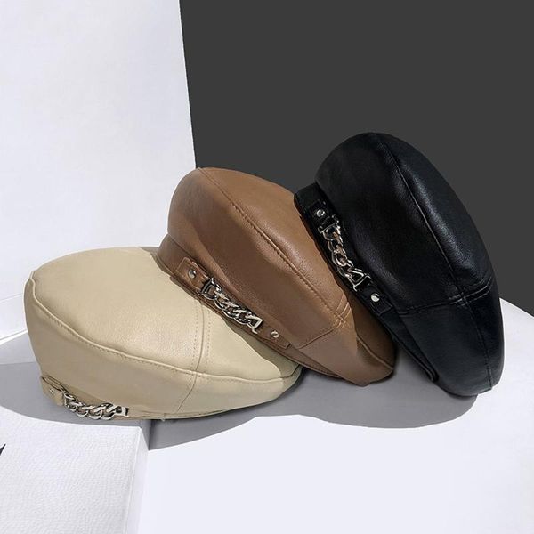 

beanies british style pu leather berets caps for women winter hat chain decoration painter girls beanie hats