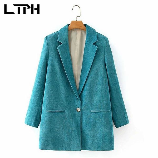 

ltph literary vintage corduroy women blazer slim single button solid coat business casual long sleeve jackets autumn 210423, White;black