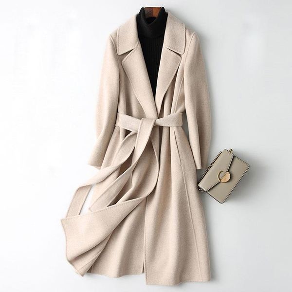 

women's wool & blends women autumn and winter fashion turn-down collar slim long outerwear double-faced coat, Black