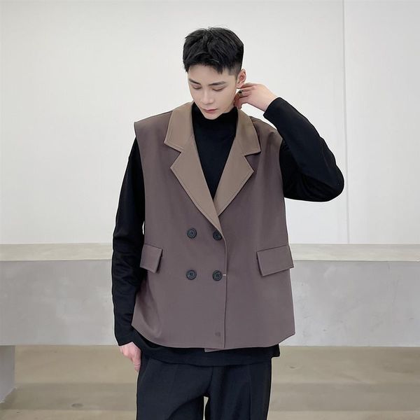 

men's vests double breasted vintage suit vest men office fashion loose casual sleeveless jacket male waistcoat cardigan, Black;white