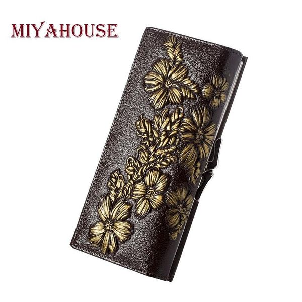 

wallets miyahouse genuine leather female embossed floral long purses women card holder wallet luxury hasp clutch purse, Red;black