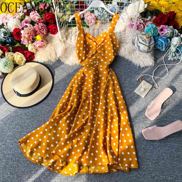 Dot Sexy Bandage Women Dress Backless Vita alta Beach Style Abiti lunghi Chiffon con scollo a V Vestidos Estate 16688 210415