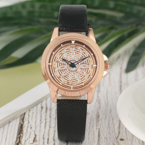 

wristwatches fashion women's gold rotatable ornament rhinestone dial case leather strap quartz wristwatch gift, Slivery;brown