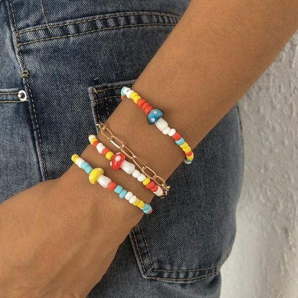 

beaded, strands zafresh bohemian style colorful rice beads mushroom bracelet set for women girls wedding party jewelry, Black