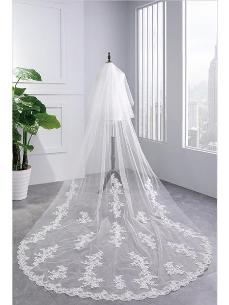 Bridal weils модный собор вуаль кружевной головной уборной двойной слой 3,5 метра супер длинный аппликационный край белый или слоновая кость