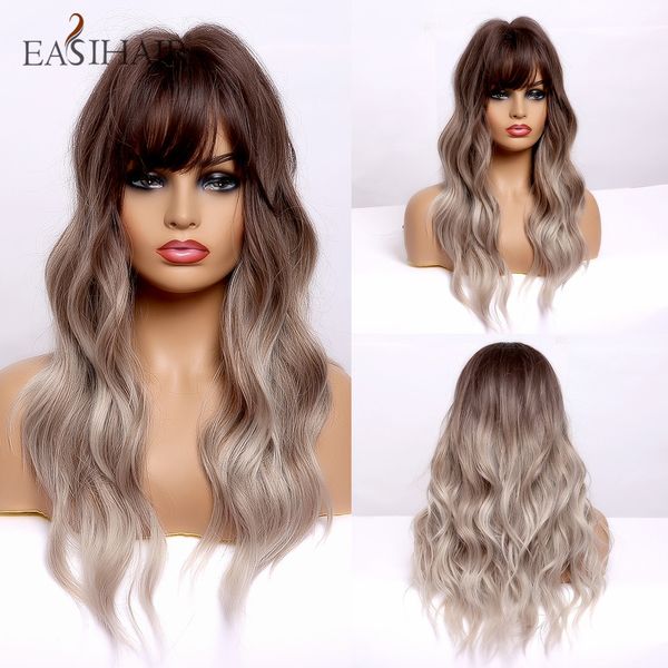 

medium length brown to blonde ombre synthetic wigs women natural hair wigs with bangs wavy heat resistant cosplay wig, Black