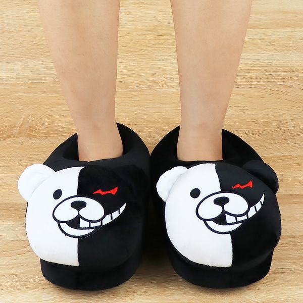 

2022 plush soft slippers women men monokuma kigurumis black white animal bear home shoes cartoon cute house slipper big size 42