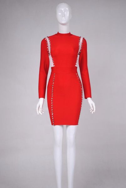 

casual dresses long sleeve women rayon dress 2021 autumn winter female mini bodycon beads bandage party club red, Black;gray