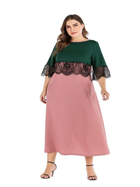 

plus size dresses one-piece dress lace guipure round neck short sleeve pink green elegant stitching casual summer party, Black