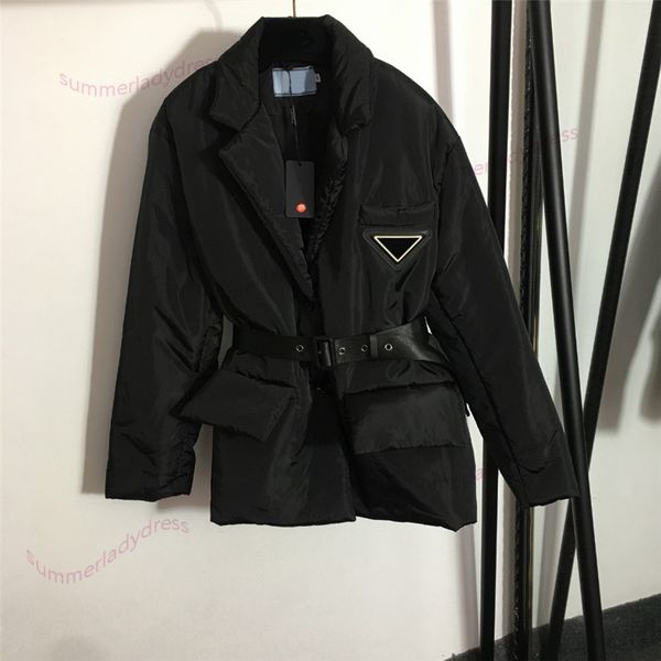 

solid color thick parkas triangle print coat personalized slim fit belt down coats outdoor windproof parka for women, Black