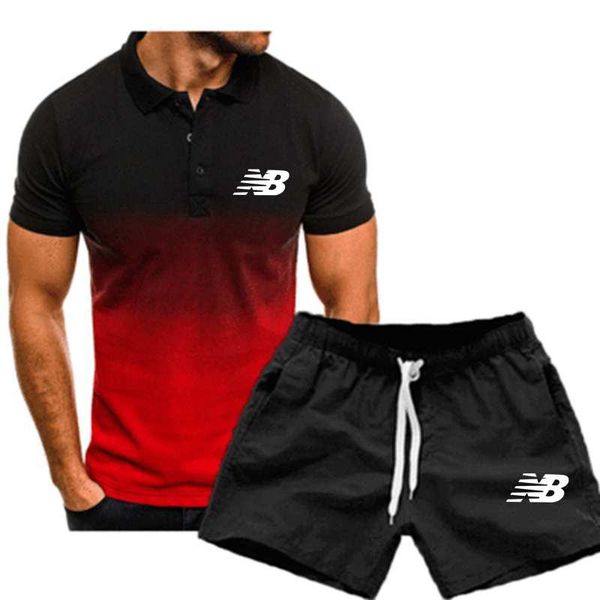 

men's tracksuits 2021 spring/summer fashion business sportswear suit gradient short sleeve 3d printed t-shirt lapel slim shirt set, Gray