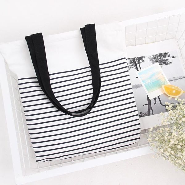 

black and white stripes shoulder canvas bag factory wholesale women shopping with zipper reusable grocery bags