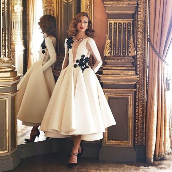 

party dresses tea length satin evening gowns with black applique sheer plunging neckline short prom long sleeves, White;black
