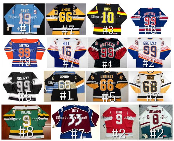 Maglia da hockey vintage Wayne Gretzky Joe Sakic Eric Lindros Bobby Clarke Lemieux Mark Messier Brett Hull Mike Modano Jaromir Jagr Hextall Peter Forsberg Patrick Roy