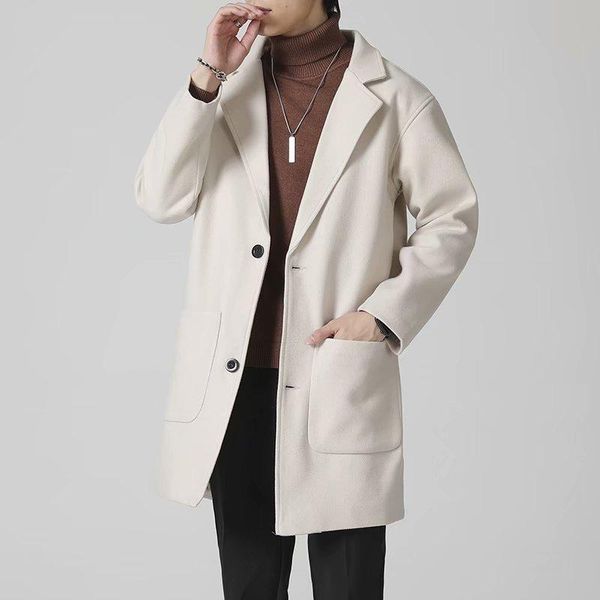

men's wool & blends autumn/winter british style solid mid-length men woolen jacket men's slim fit trench coat business overcoat mal, Black