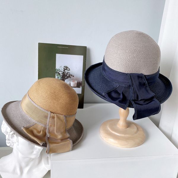 

big hat light luxury small curly edge fisherman's female summer sun proof straw color matching silk bow basin beach, Blue;gray
