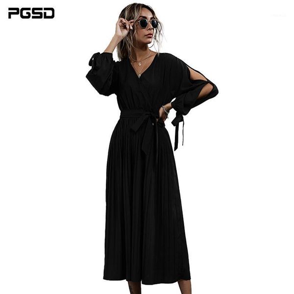 

autumn winter long dress fashion elegant korean pure black sleeve v-neck bow sleeves belt women clothing casual dresses, Black;gray