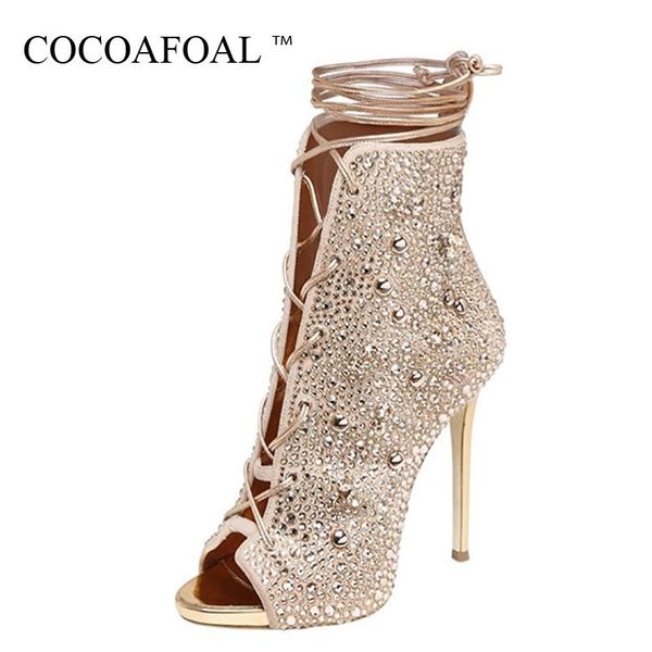 

women peep toe ankle boots plus size 33 43 wedding heels rhinestone sandals summer lace up gladiator 2021, Black