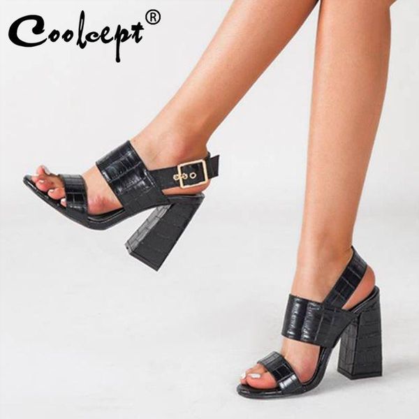 

coolcept summer women sandals shoes fashion stone pattern buckle open toe thick high heels solid footwear size 35-42, Black