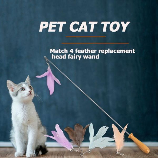 

cat toys 5x retractable teaser rod with feather replacement heads pet playing durability funny bite squeak