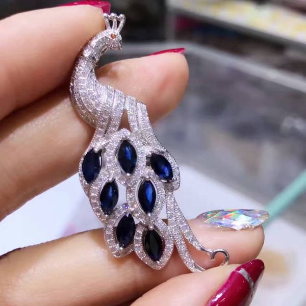 Blue Sapphire Gem S925 Prata Natural Gemstone Broche Pingente Luxuoso Pavão Pano Phoenix Mulheres Via Jóias